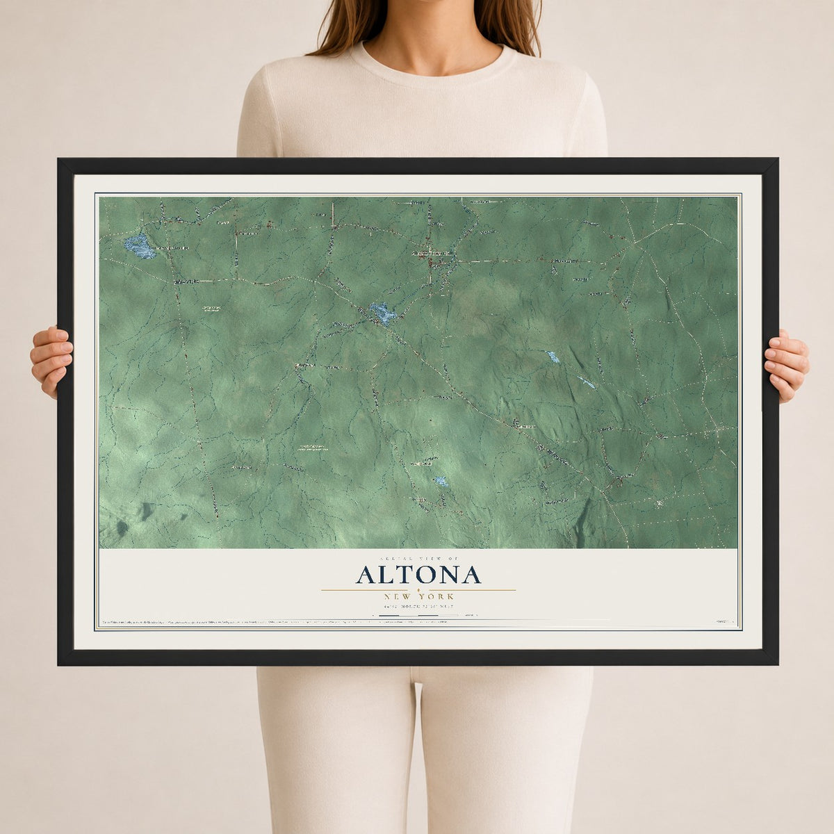 Altona, New York map print, 24" x 36" W/ Black Ayous Wood Frame mockup