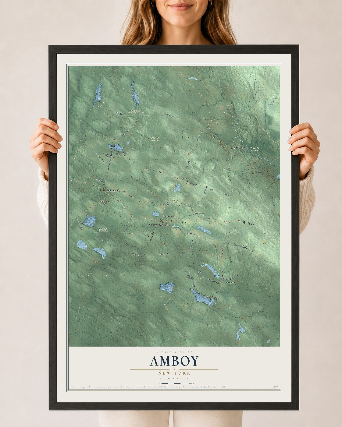 Amboy, New York map print, 24" x 36" W/ Black Ayous Wood Frame mockup