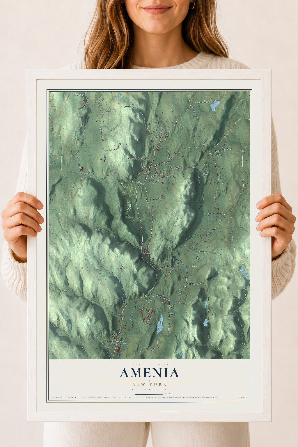 Amenia, New York map print, 18" x 24" W/ White Ayous Wood Frame mockup