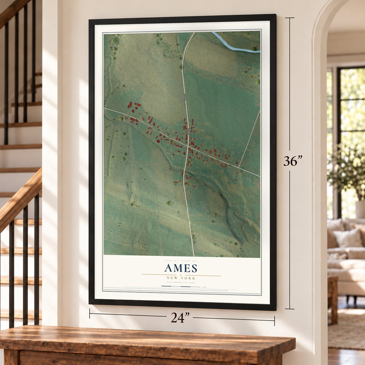 Ames, New York map, 24 x 36 inch print in a black frame by a staircase