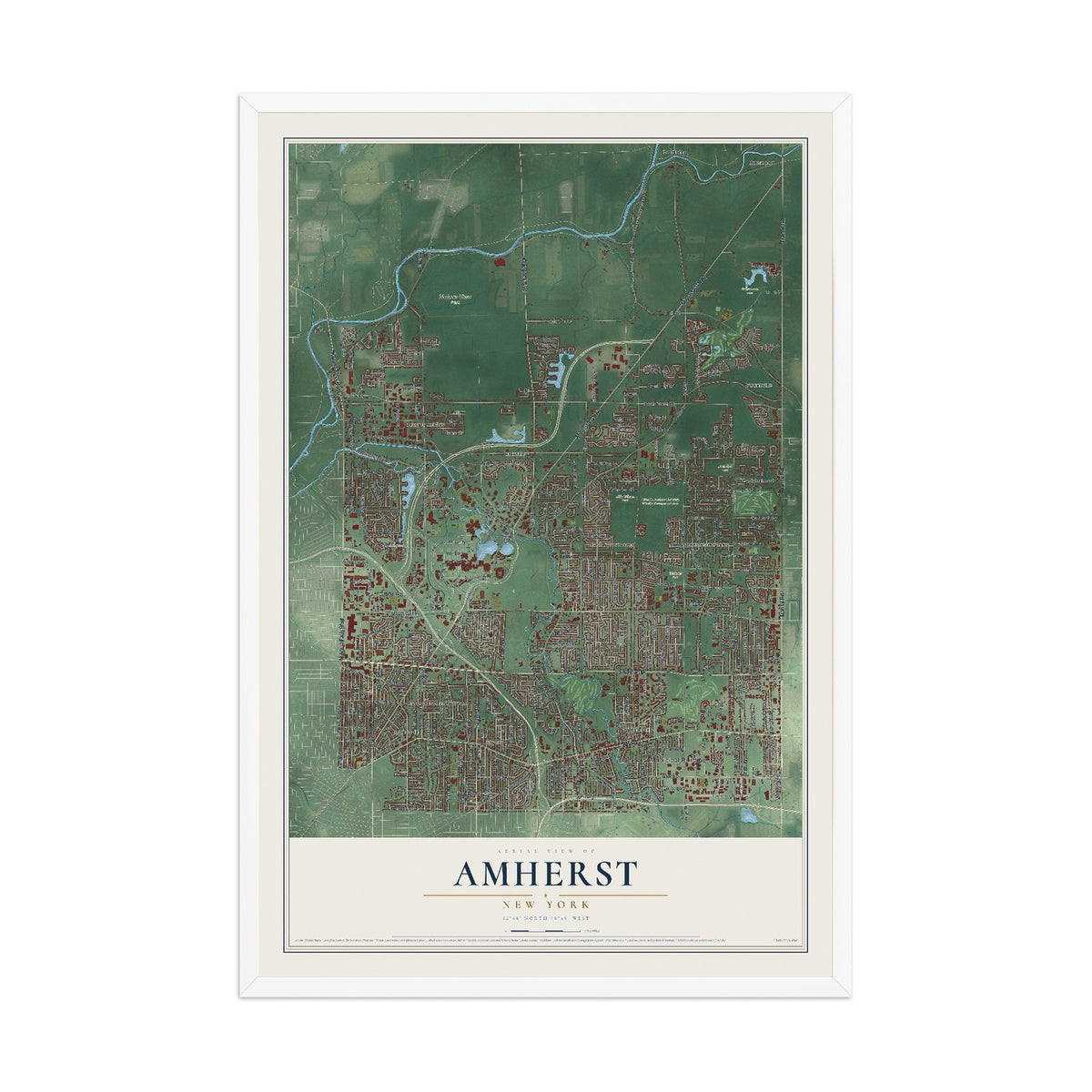 Amherst, New York map print, 12" x 18" W/ White Ayous Wood Frame mockup