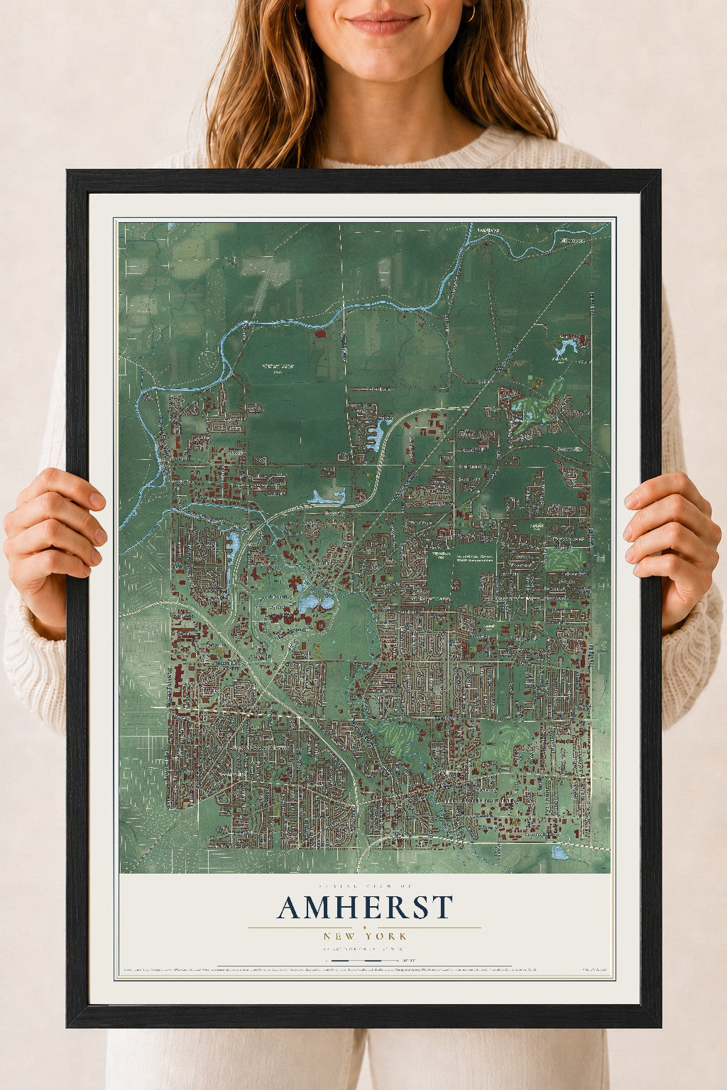 Amherst, New York map print, 18" x 24" W/ Black Ayous Wood Frame mockup