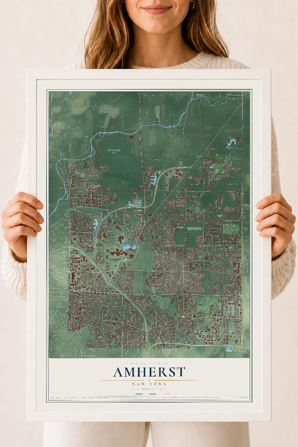 Amherst, New York map print, 18" x 24" W/ White Ayous Wood Frame mockup