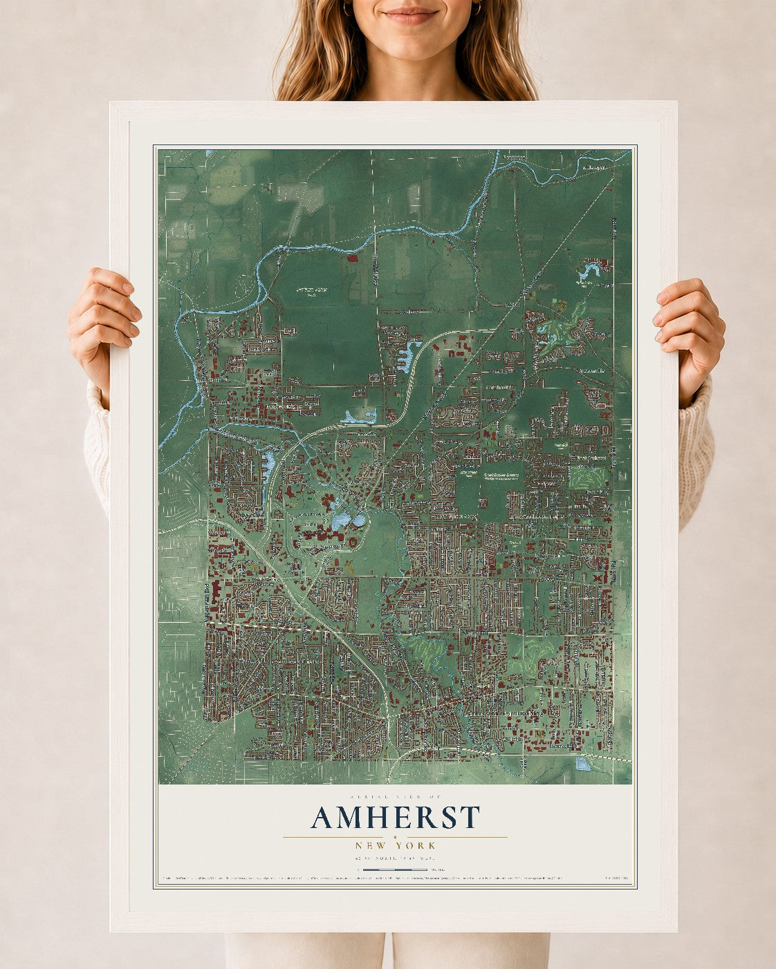 Amherst, New York map print, 24" x 36" W/ White Ayous Wood Frame mockup