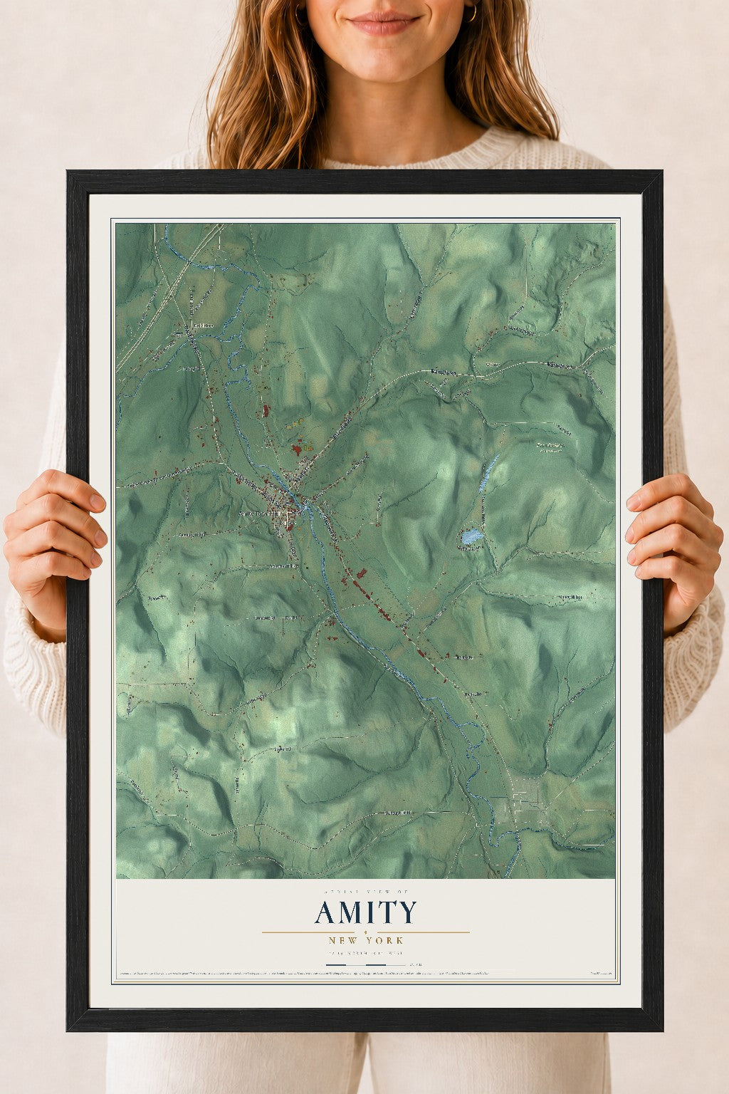 Amity, New York map print, 18" x 24" W/ Black Ayous Wood Frame mockup