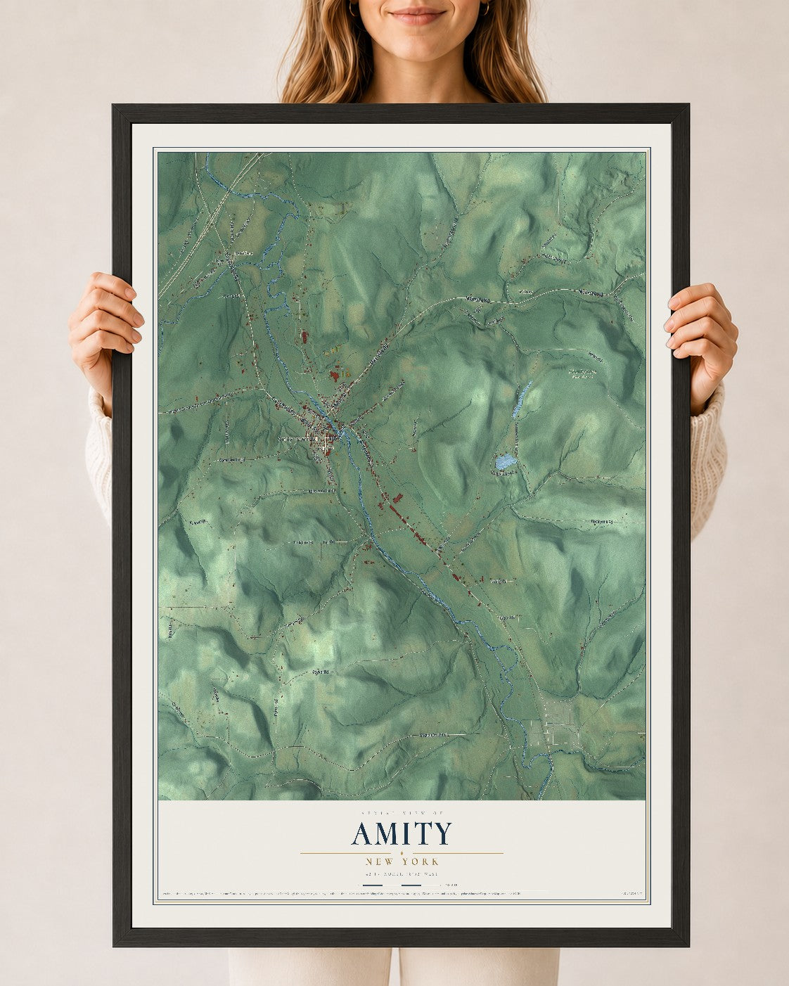Amity, New York map print, 24" x 36" W/ Black Ayous Wood Frame mockup