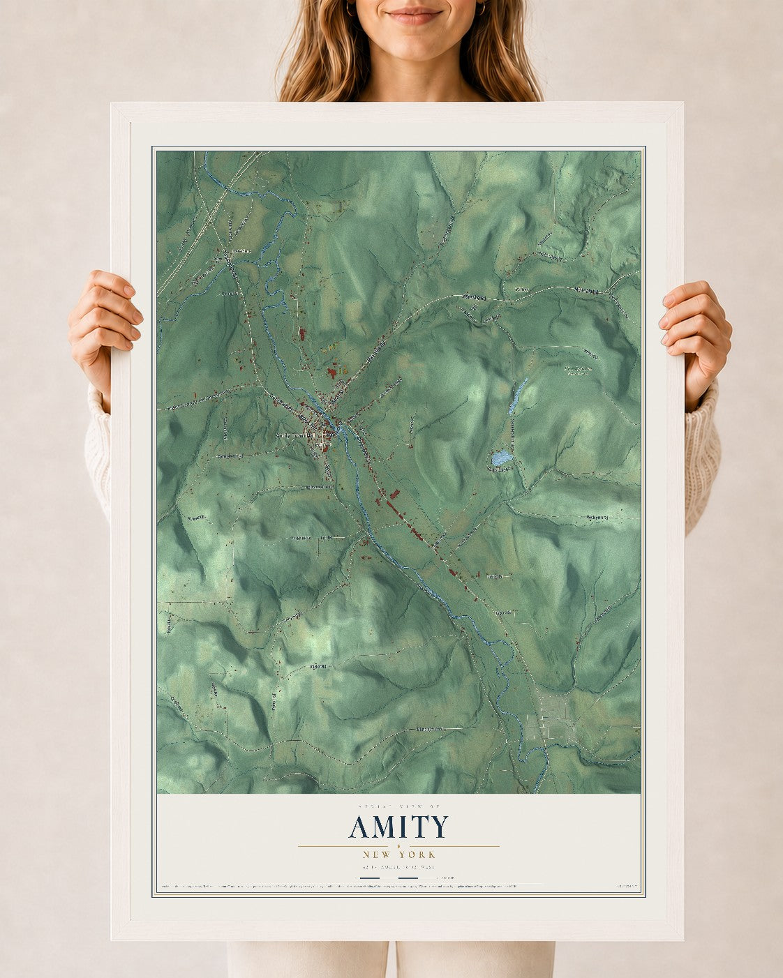 Amity, New York map print, 24" x 36" W/ White Ayous Wood Frame mockup