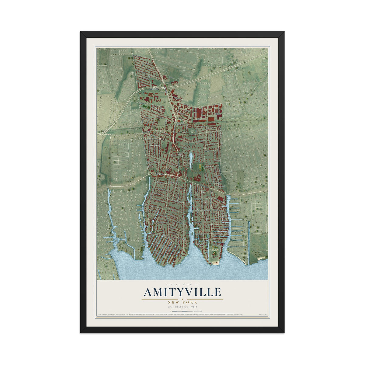 Amityville, New York map print, 12" x 18" W/ Black Ayous Wood Frame mockup