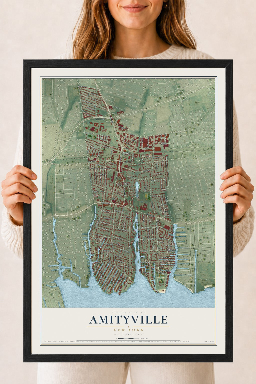 Amityville, New York map print, 18" x 24" W/ Black Ayous Wood Frame mockup
