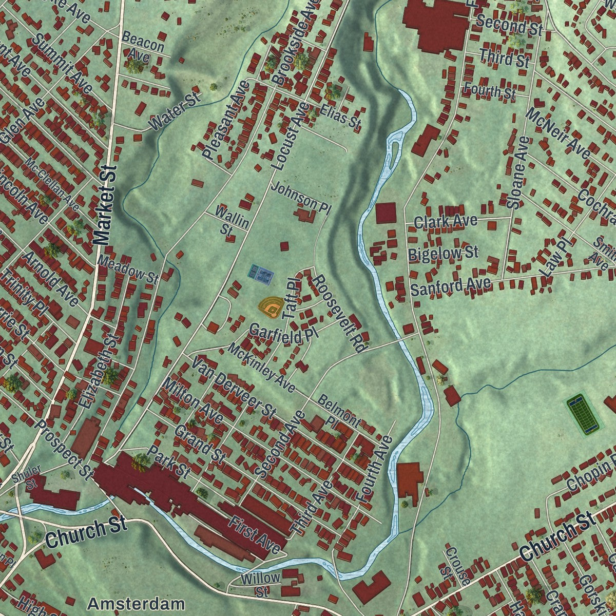 Close-up 1 of the Amsterdam City (Montgomery County), New York map artwork