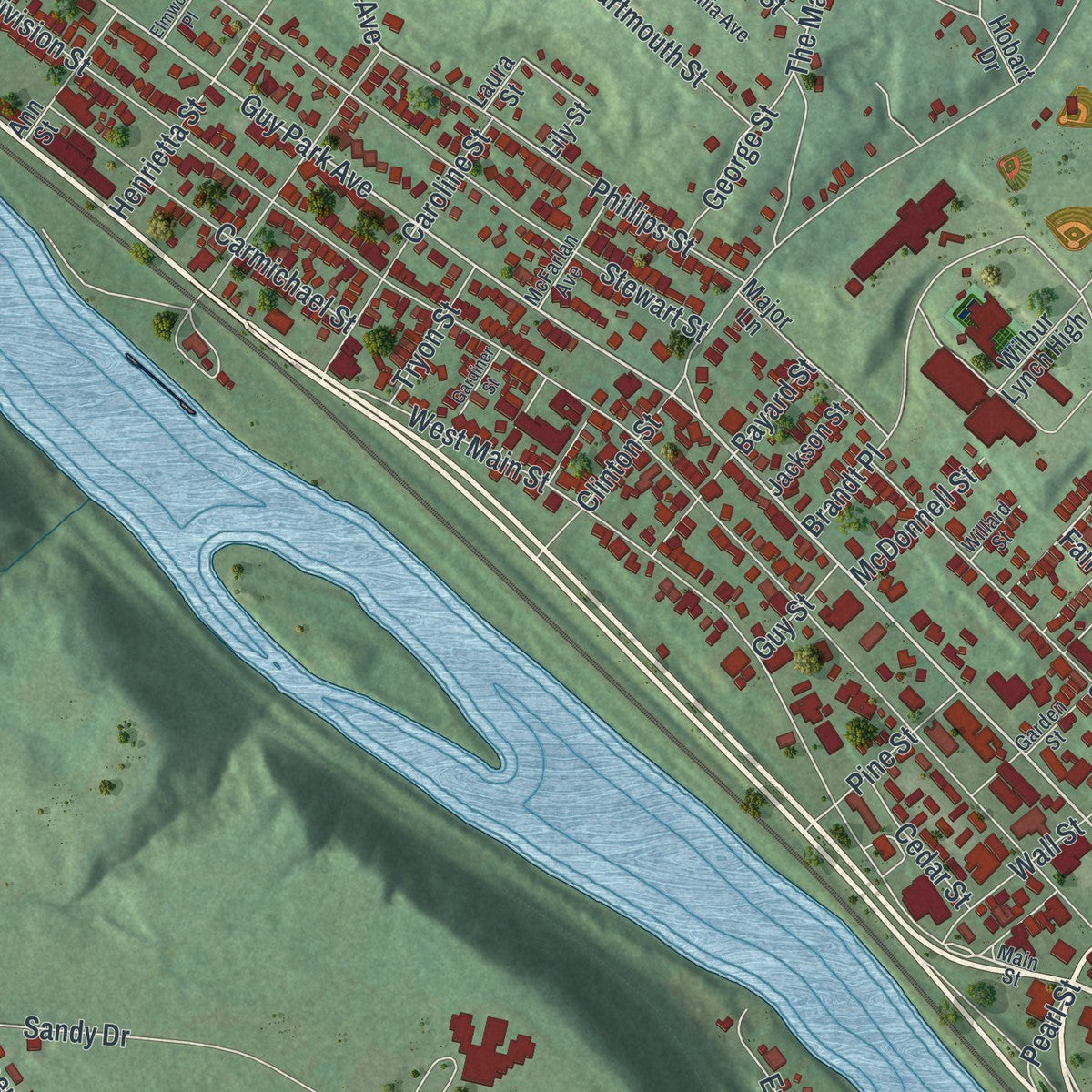 Close-up 2 of the Amsterdam City (Montgomery County), New York map artwork