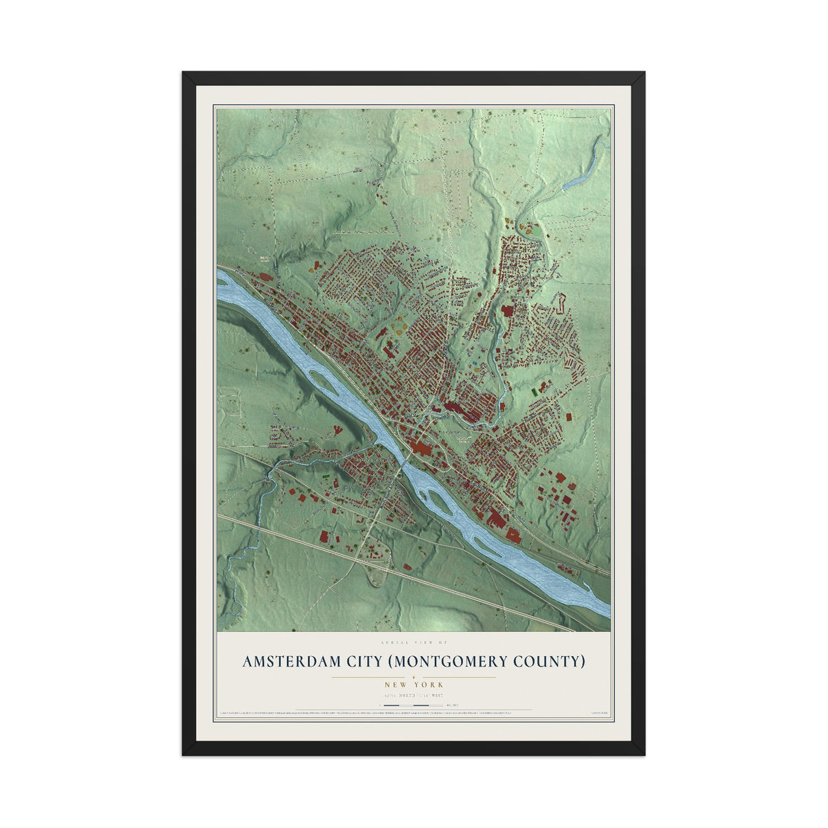 Amsterdam City (Montgomery County), New York map print, 12" x 18" W/ Black Ayous Wood Frame mockup