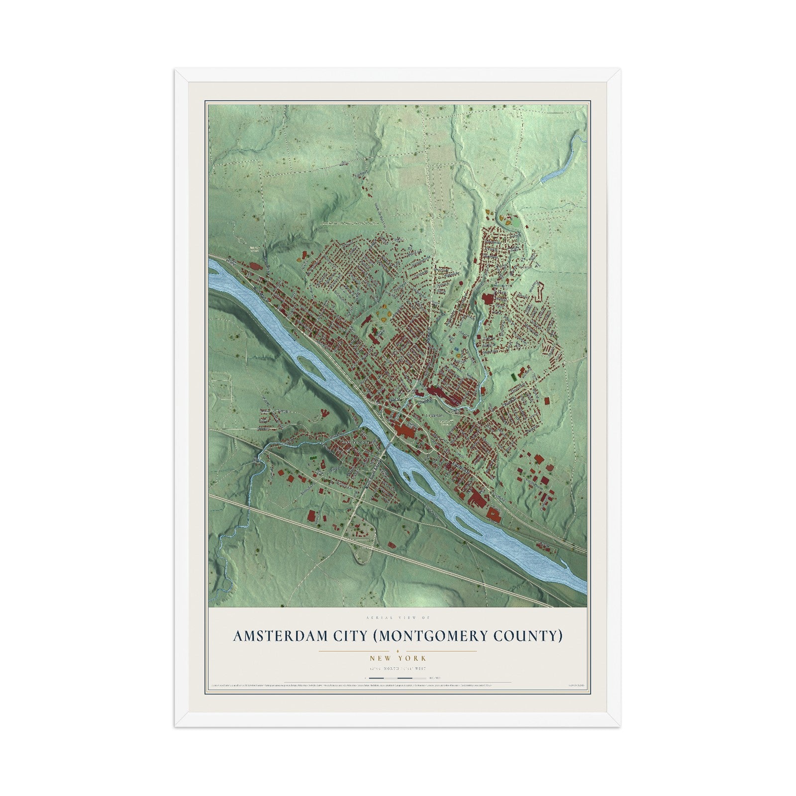 Amsterdam City (Montgomery County), New York map print, 12" x 18" W/ White Ayous Wood Frame mockup