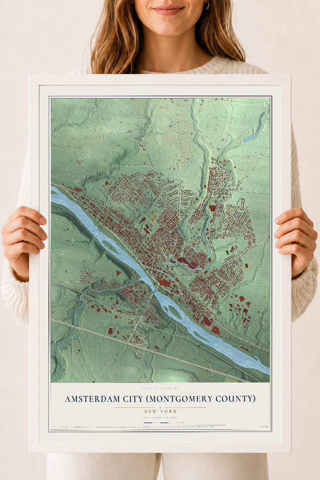 Amsterdam City (Montgomery County), New York map print, 18" x 24" W/ White Ayous Wood Frame mockup