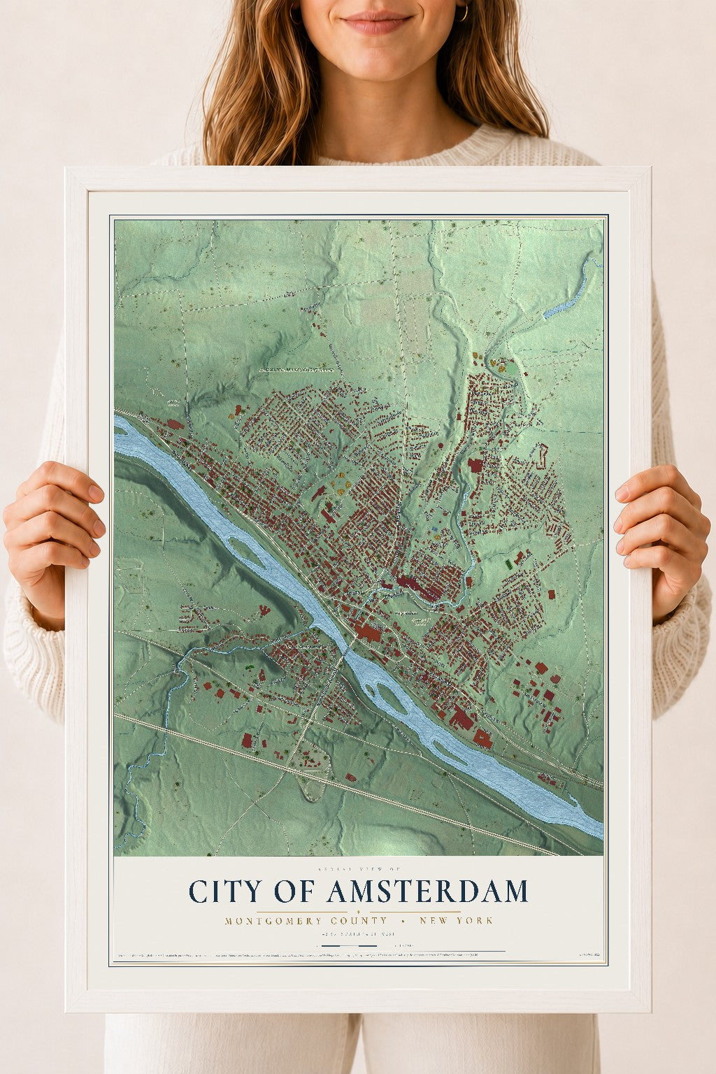 Map of the City of Amsterdam, Montgomery County, New York, 18 x 24 inch print in a white wood frame