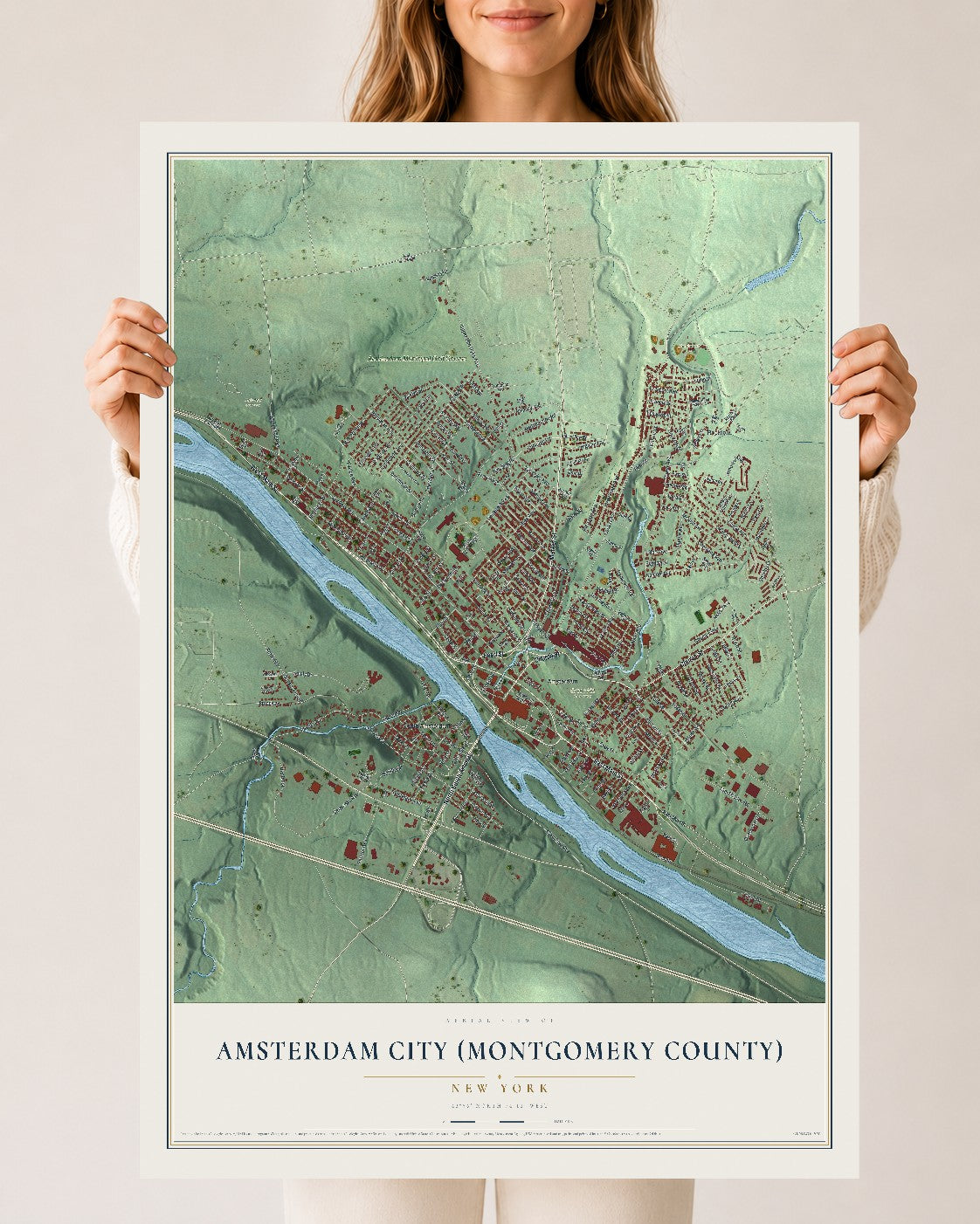 Amsterdam City (Montgomery County), New York map print, 24" x 36" Archival Matte Print mockup