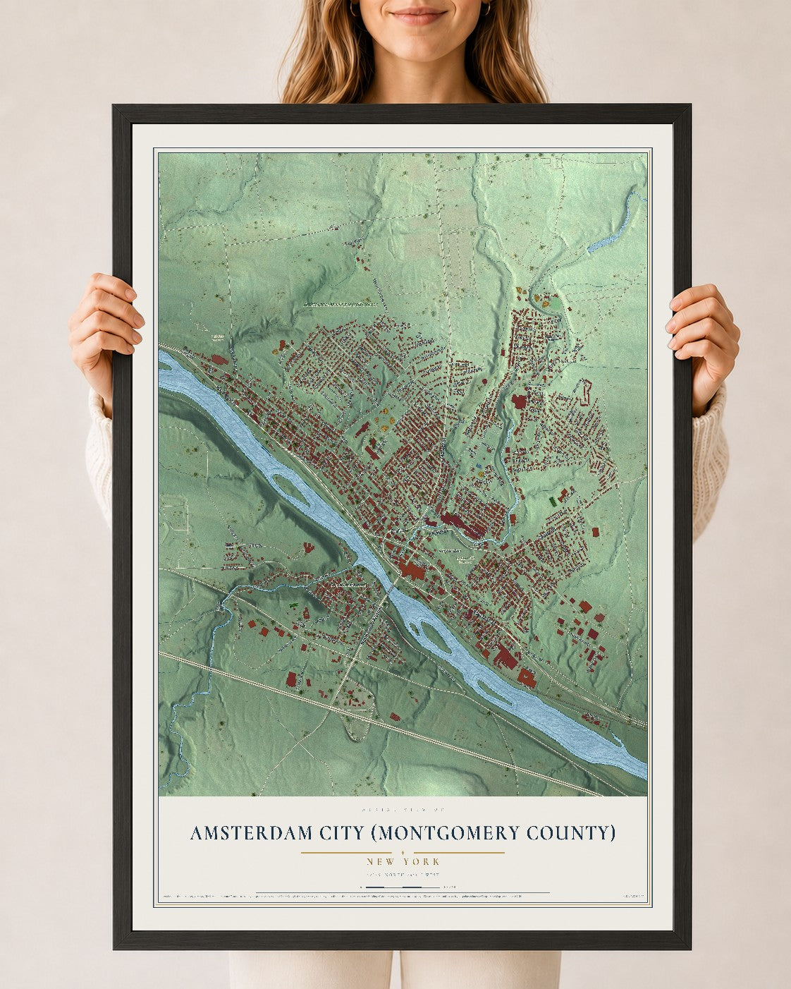 Amsterdam City (Montgomery County), New York map print, 24" x 36" W/ Black Ayous Wood Frame mockup