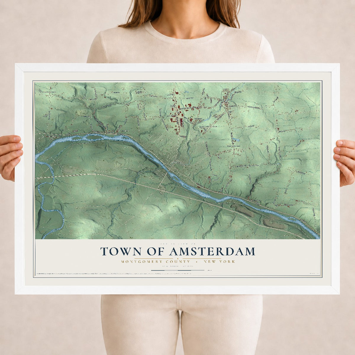 Map of the Town of Amsterdam, Montgomery County, New York, 18 x 24 inch print in a white wood frame