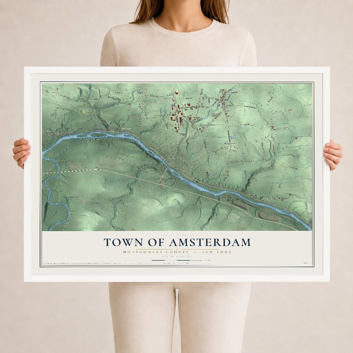 Map of the Town of Amsterdam, Montgomery County, New York, 24 x 36 inch print in a white wood frame