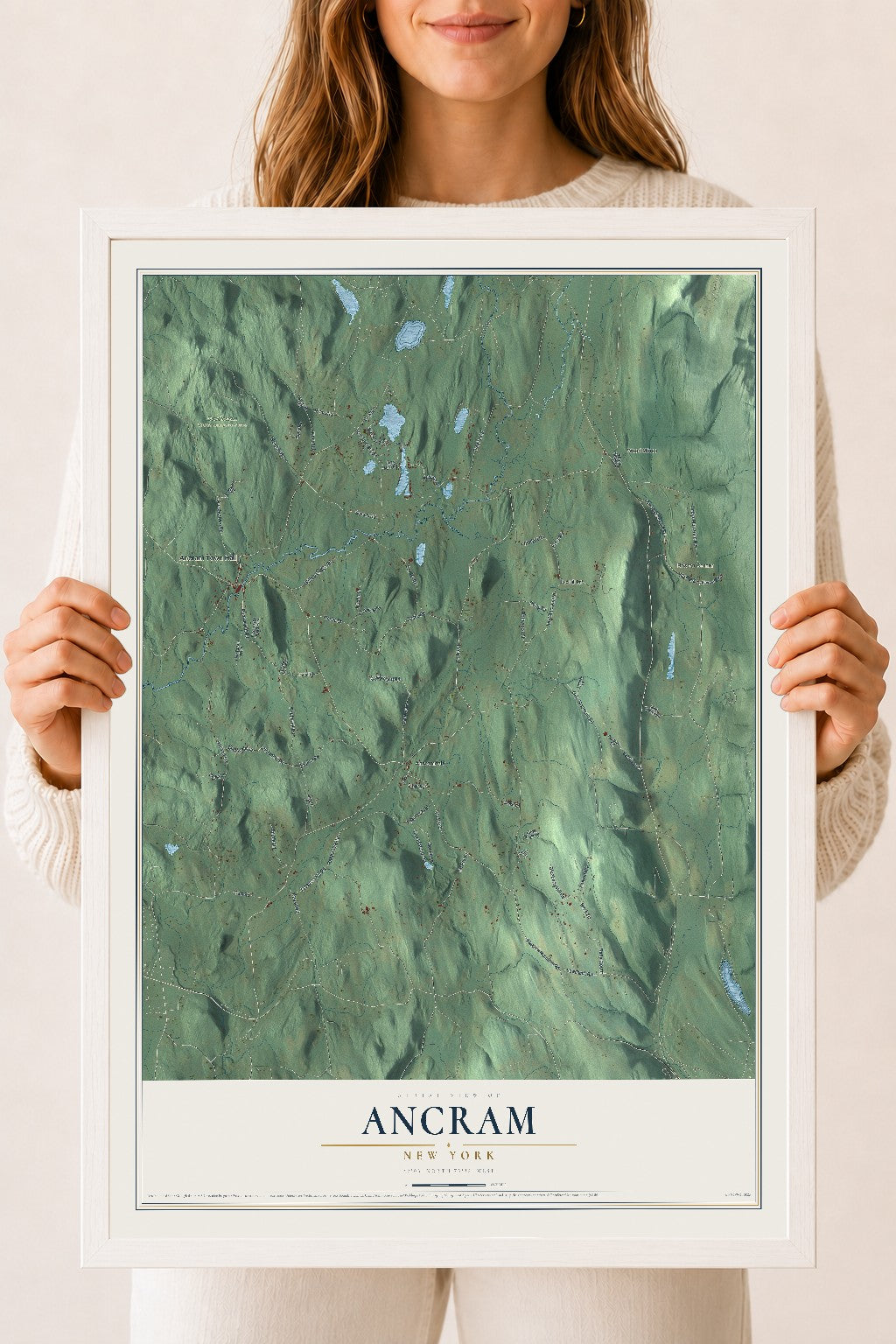 Ancram, New York map print, 18" x 24" W/ White Ayous Wood Frame mockup