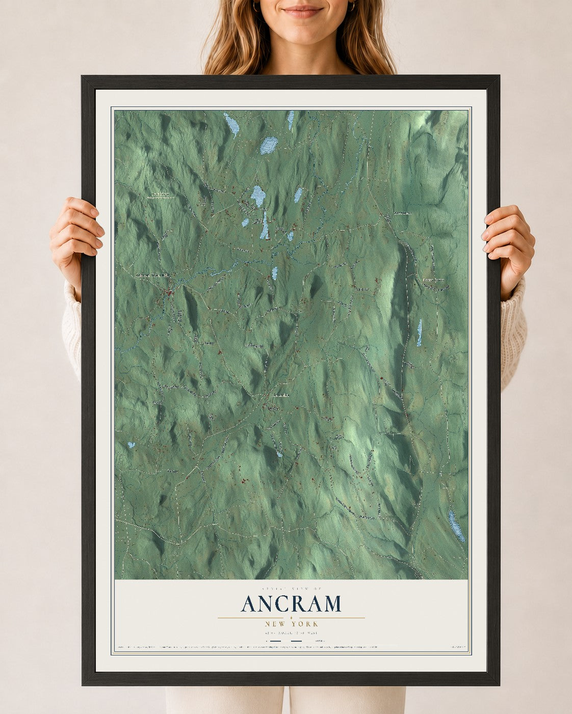 Ancram, New York map print, 24" x 36" W/ Black Ayous Wood Frame mockup