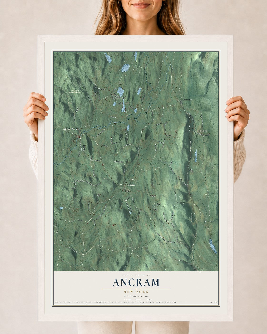 Ancram, New York map print, 24" x 36" W/ White Ayous Wood Frame mockup