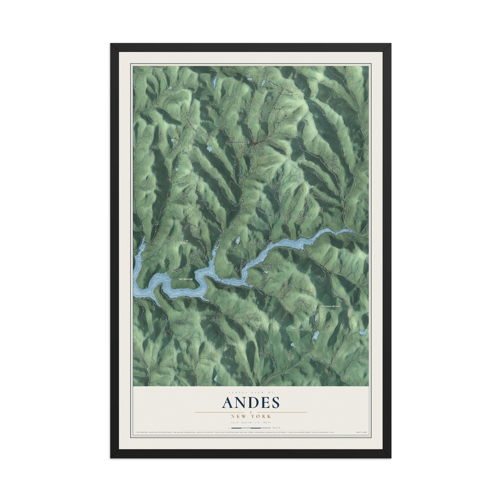 Andes, New York map print, 12" x 18" W/ Black Ayous Wood Frame mockup