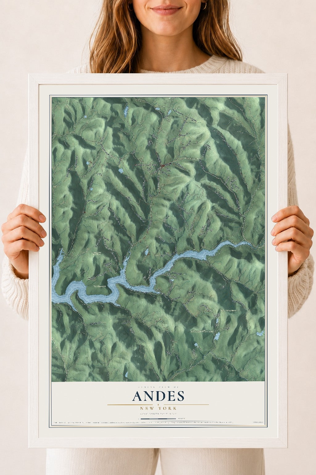 Andes, New York map print, 18" x 24" W/ White Ayous Wood Frame mockup