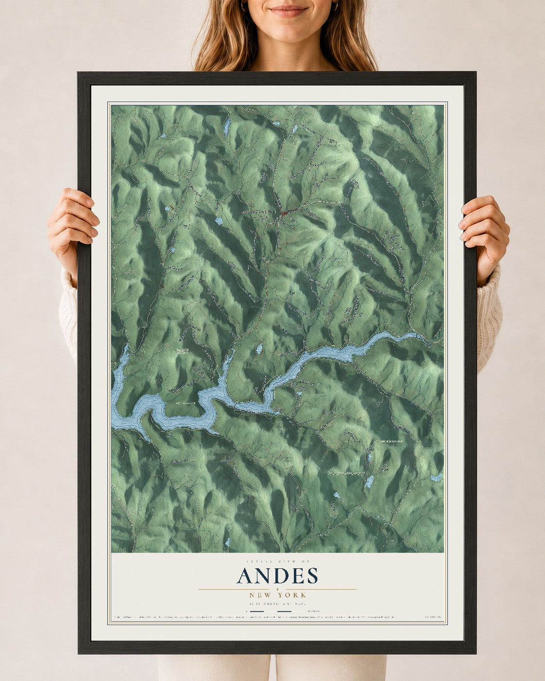 Andes, New York map print, 24" x 36" W/ Black Ayous Wood Frame mockup