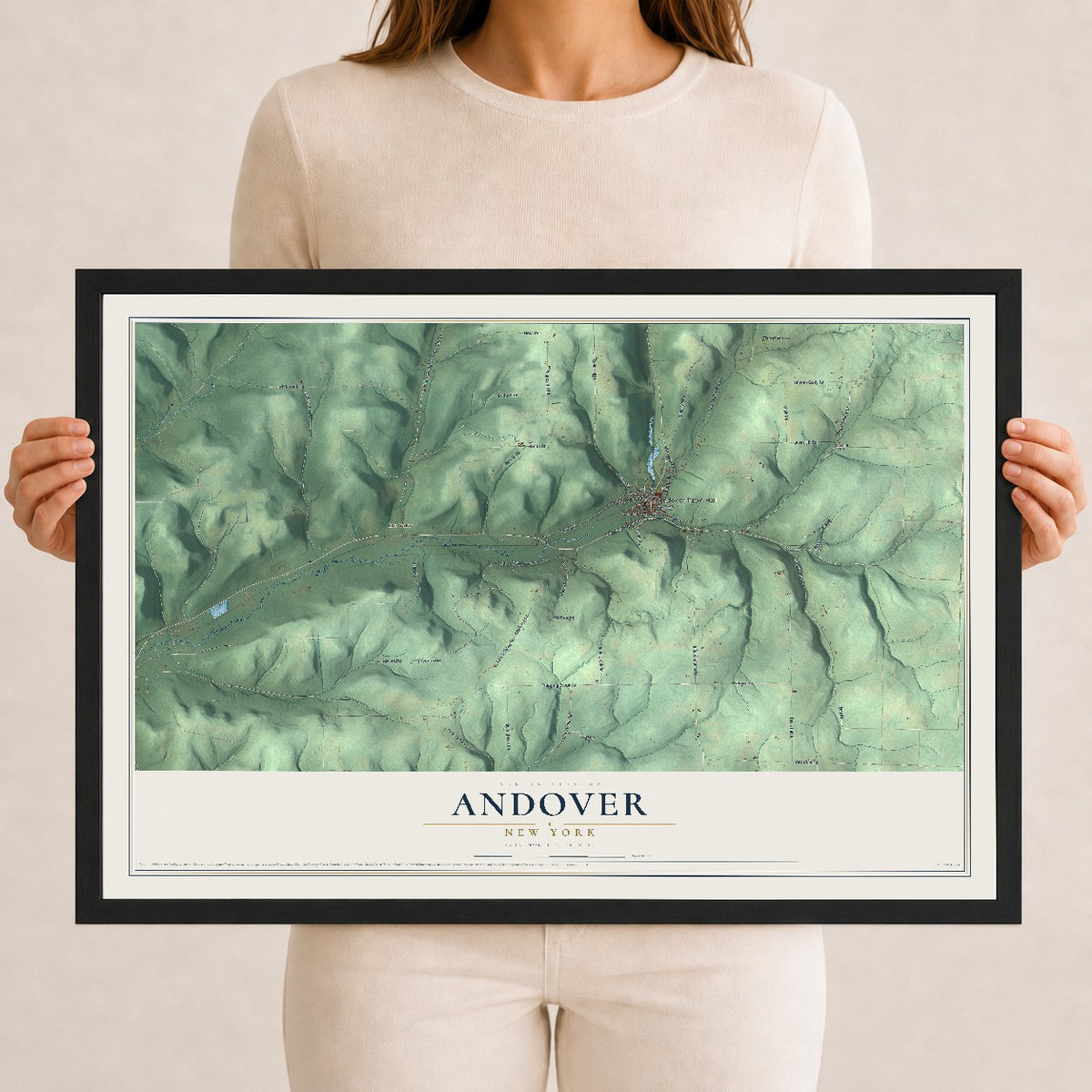Andover, New York map print, 12" x 18" W/ Black Ayous Wood Frame mockup