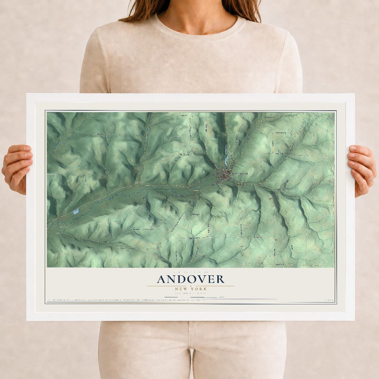 Andover, New York map print, 12" x 18" W/ White Ayous Wood Frame mockup