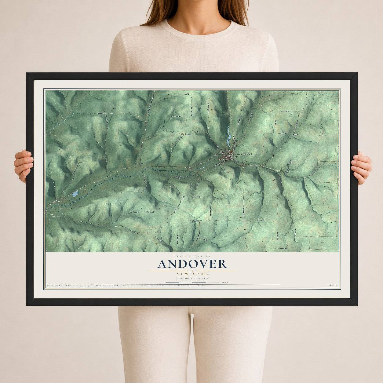 Andover, New York map print, 24" x 36" W/ Black Ayous Wood Frame mockup