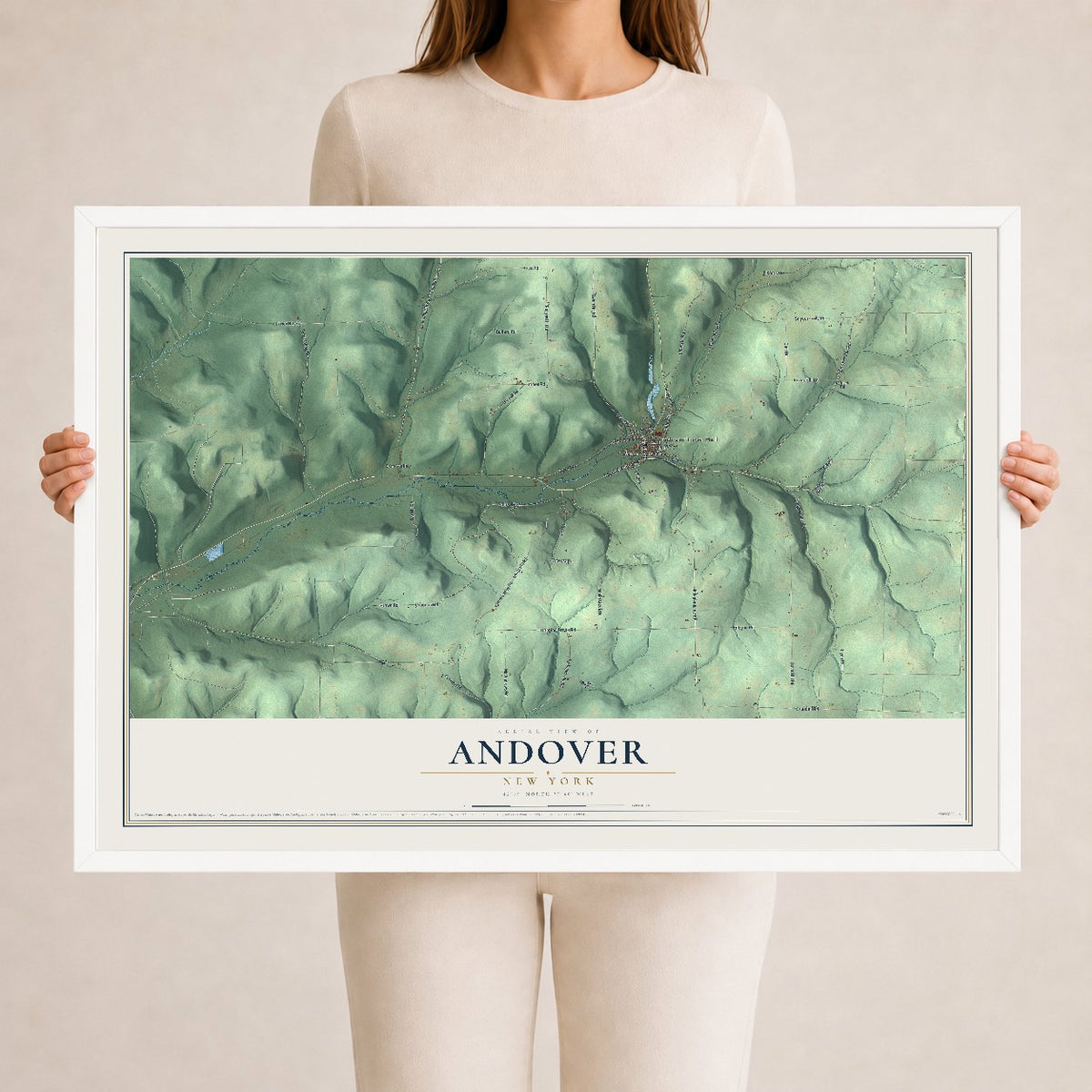 Andover, New York map print, 24" x 36" W/ White Ayous Wood Frame mockup