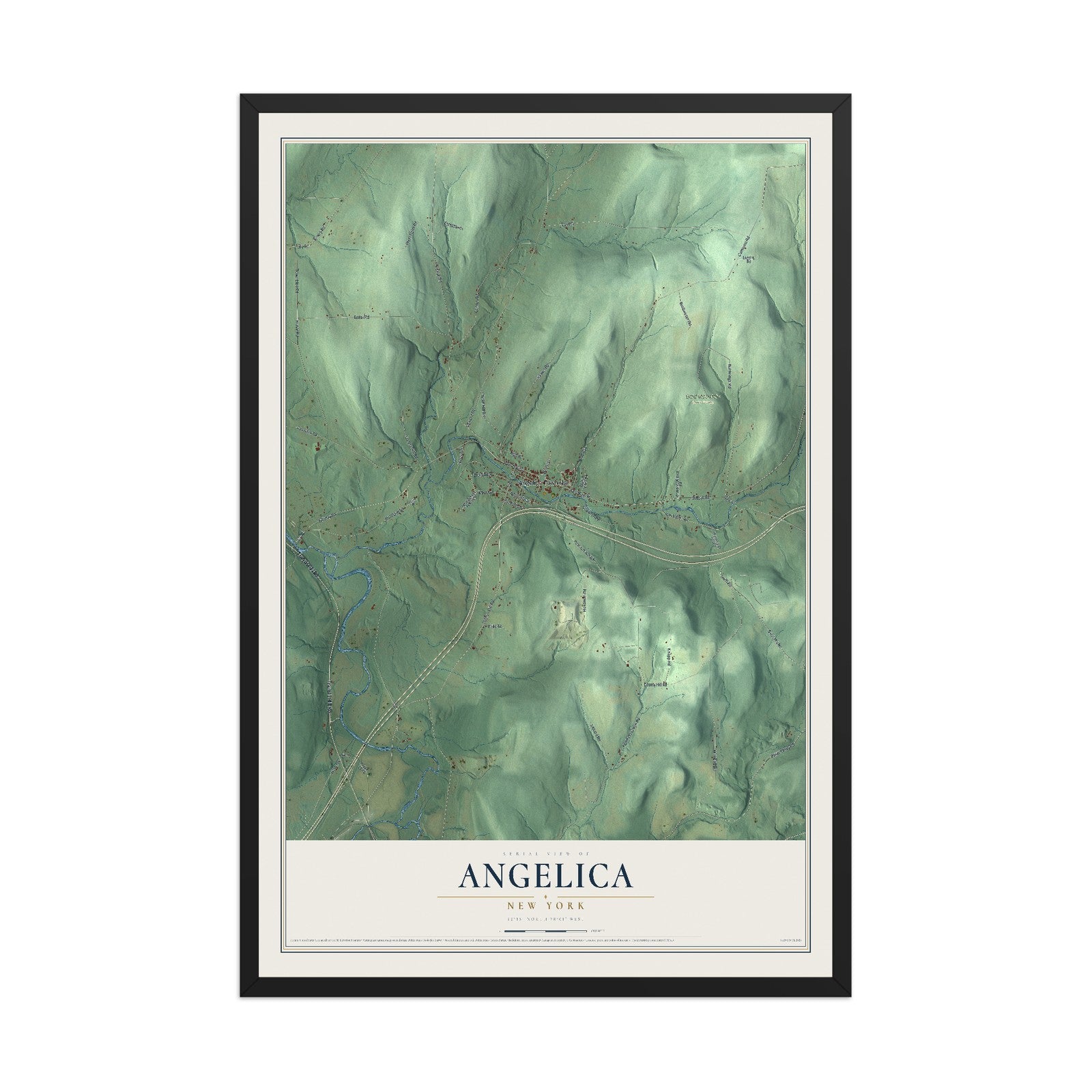 Angelica, New York map print, 12" x 18" W/ Black Ayous Wood Frame mockup
