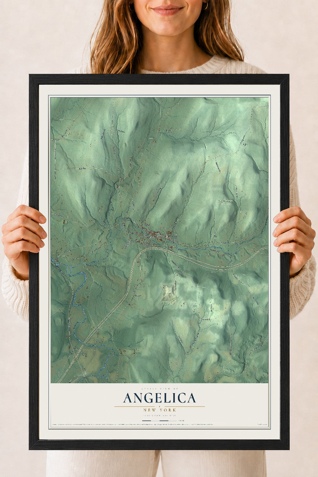 Angelica, New York map print, 18" x 24" W/ Black Ayous Wood Frame mockup