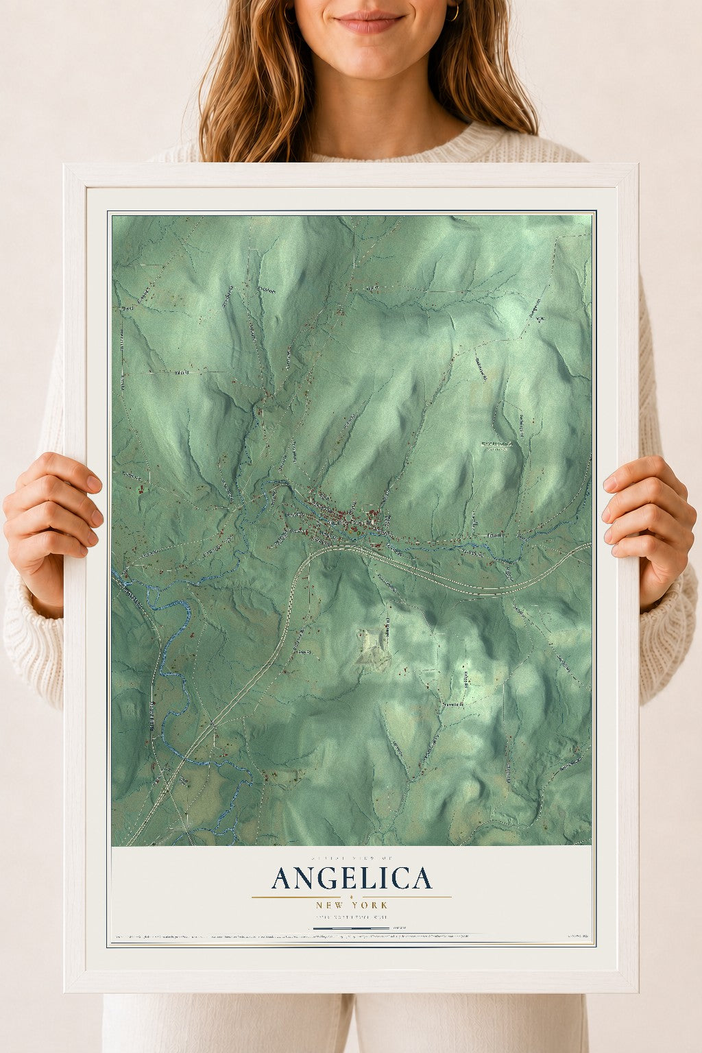 Angelica, New York map print, 18" x 24" W/ White Ayous Wood Frame mockup