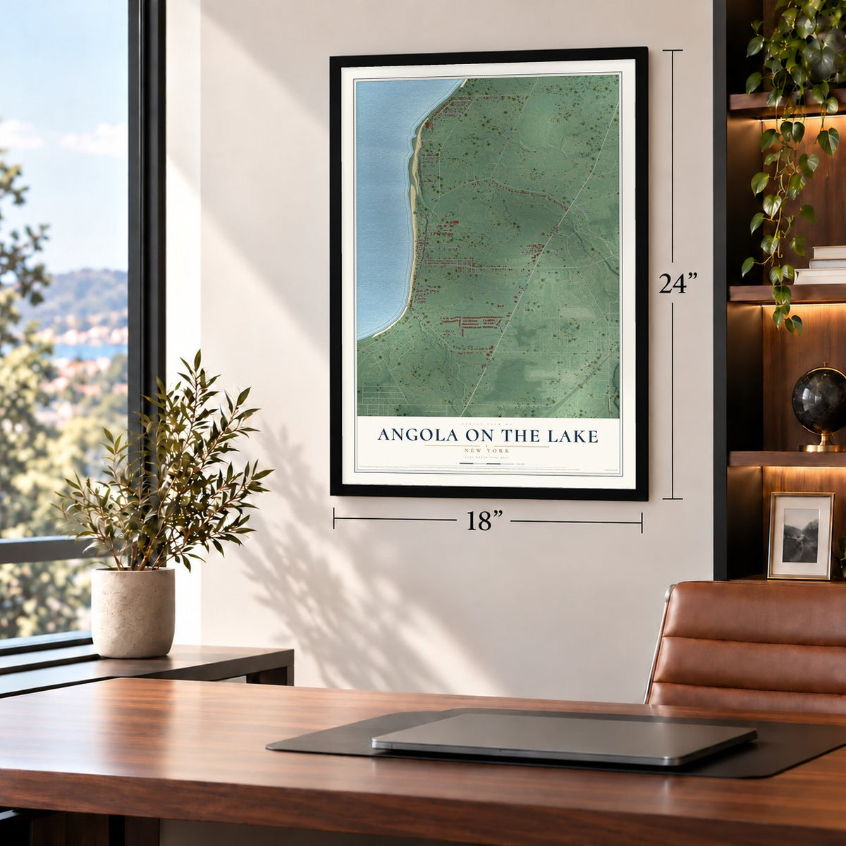 Angola on the Lake, New York map, 18 x 24 inch print in a black frame in a home office
