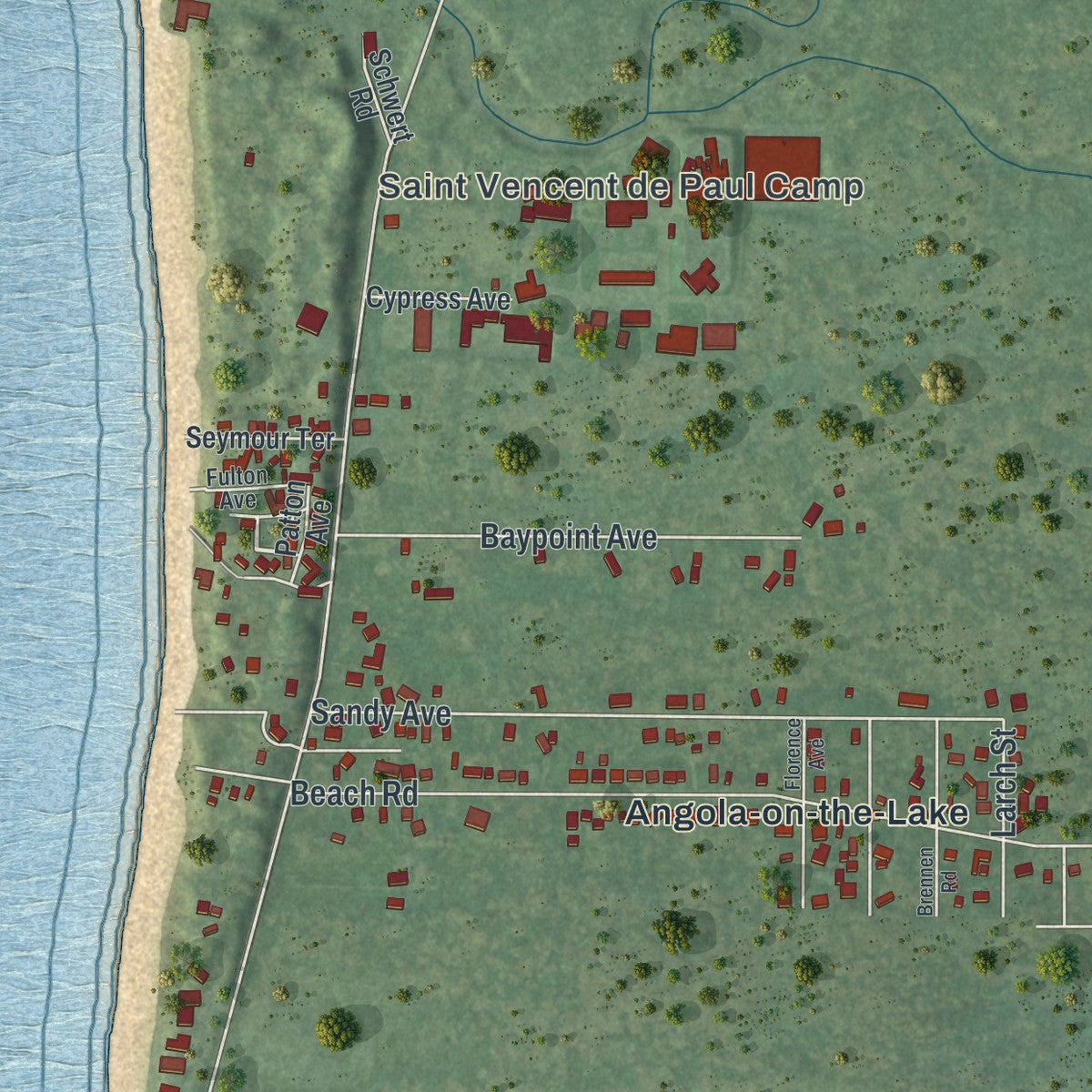 Close-up of the map of Angola on the Lake, New York print showing street and building detail