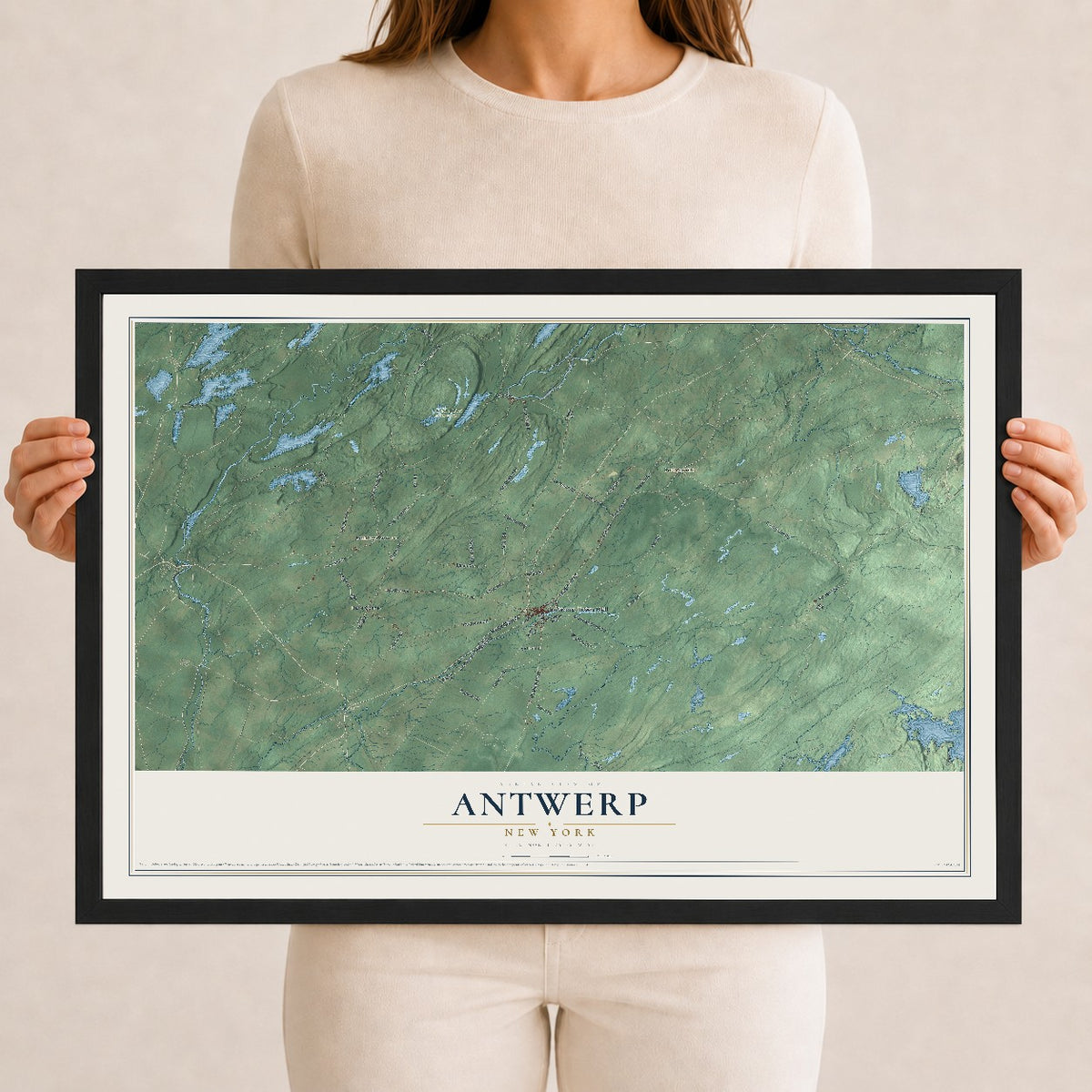 Antwerp, New York map print, 12" x 18" W/ Black Ayous Wood Frame mockup