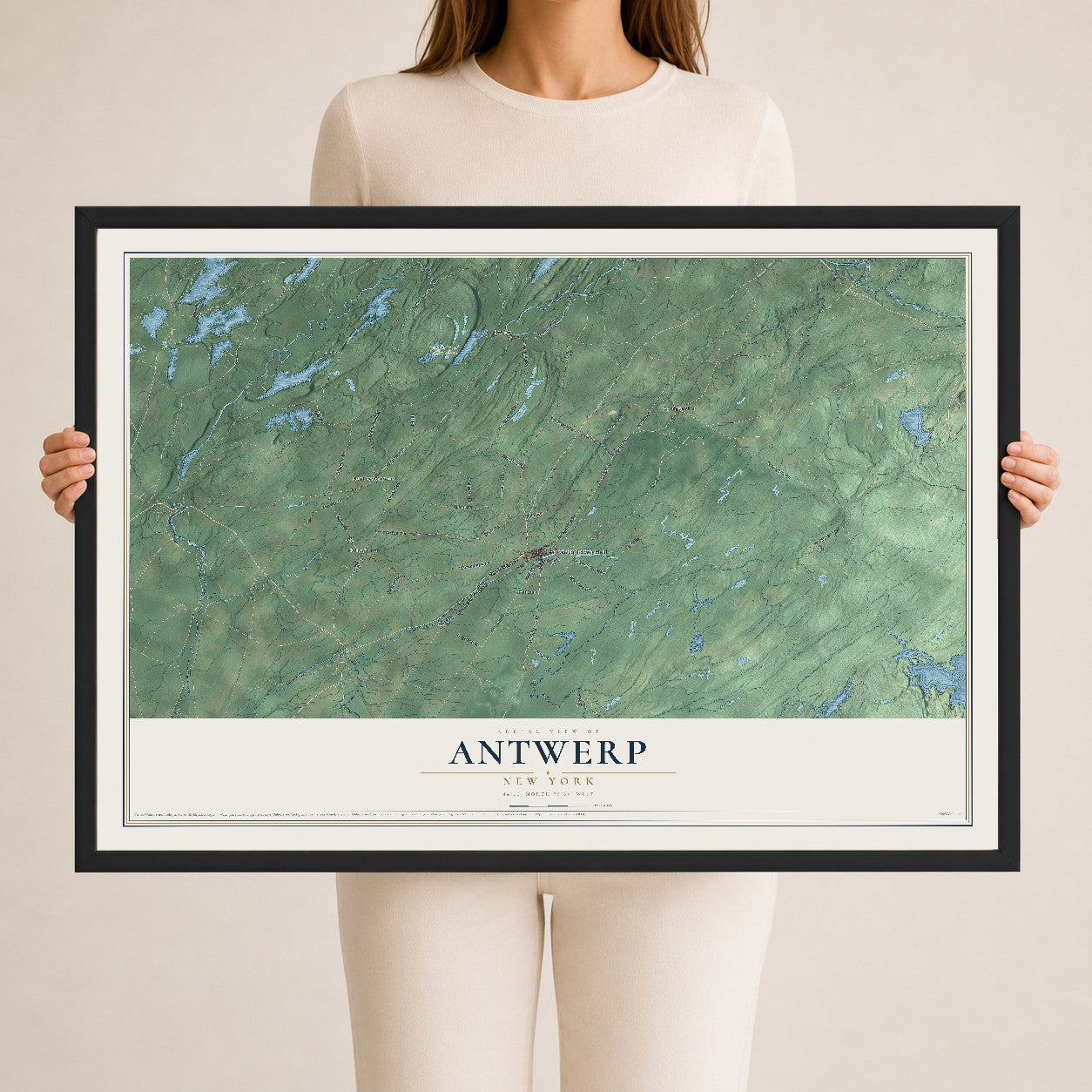 Antwerp, New York map print, 24" x 36" W/ Black Ayous Wood Frame mockup
