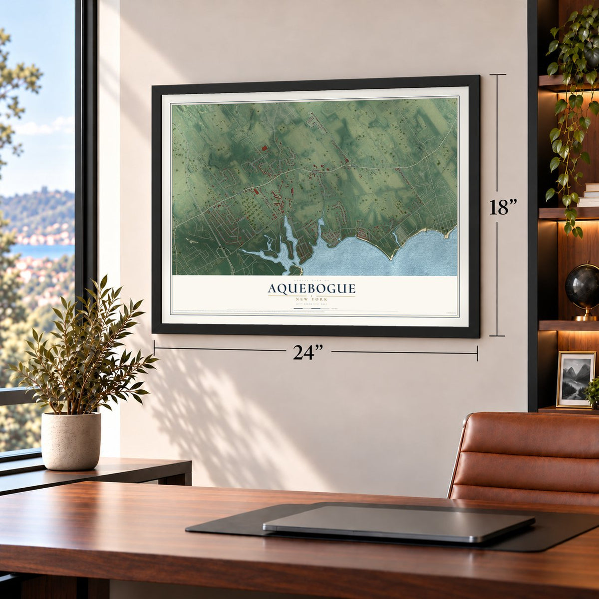 Aquebogue, New York map, 18 x 24 inch print in a black frame in a home office