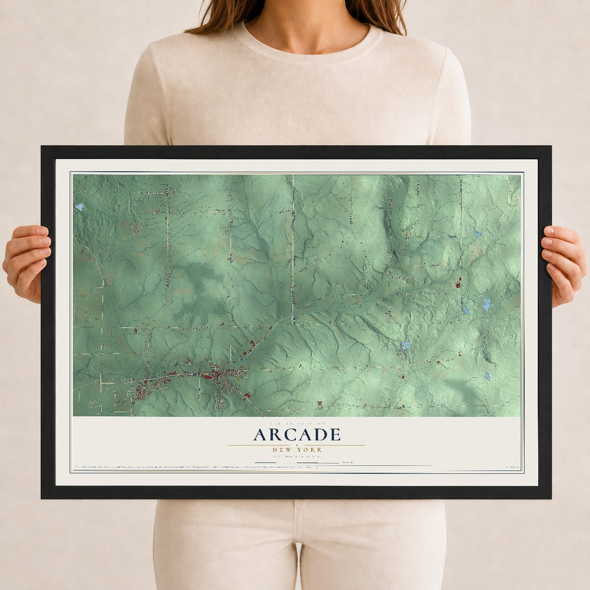 Arcade, New York map print, 12" x 18" W/ Black Ayous Wood Frame mockup
