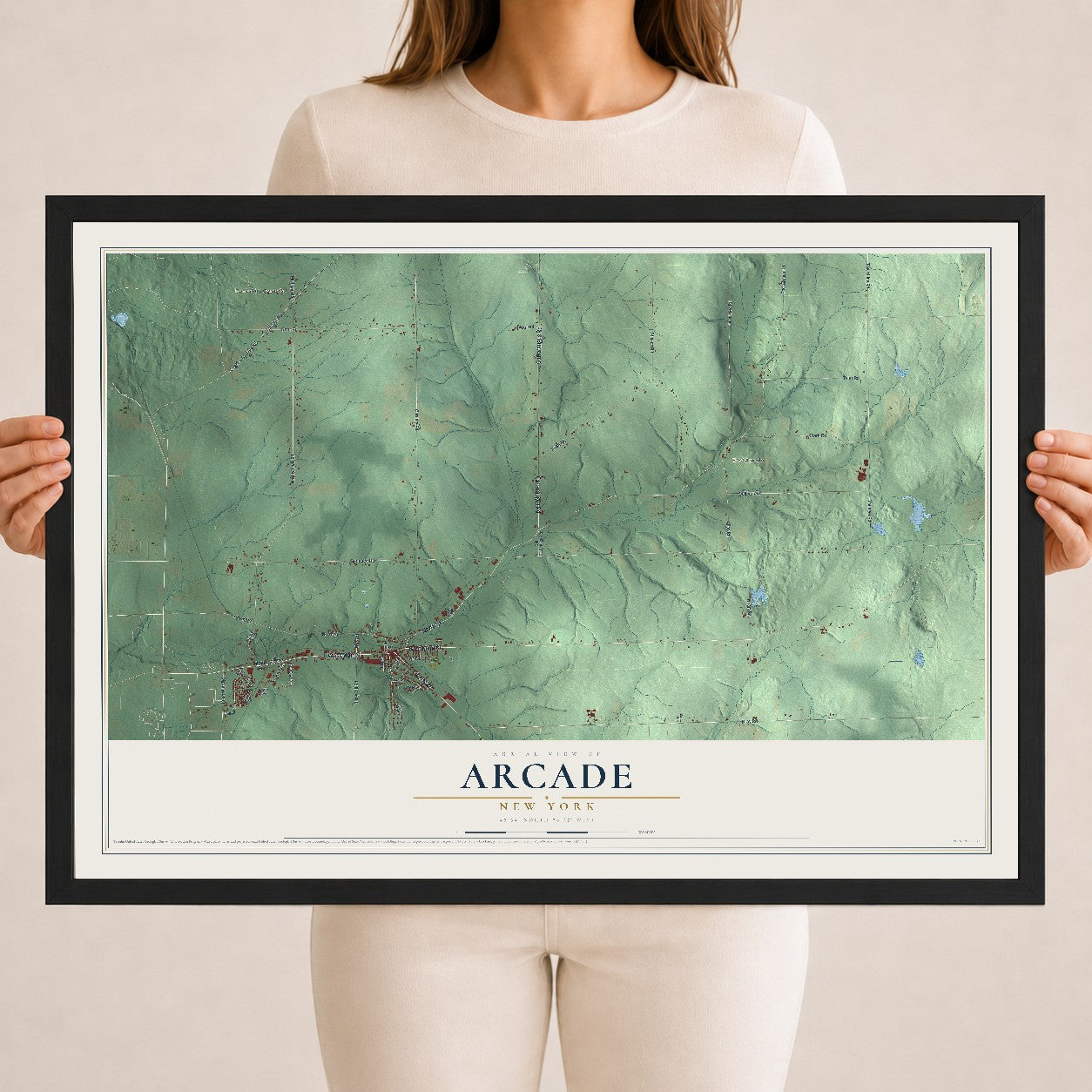 Arcade, New York map print, 18" x 24" W/ Black Ayous Wood Frame mockup