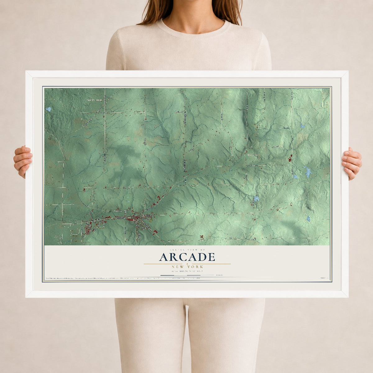 Arcade, New York map print, 24" x 36" W/ White Ayous Wood Frame mockup