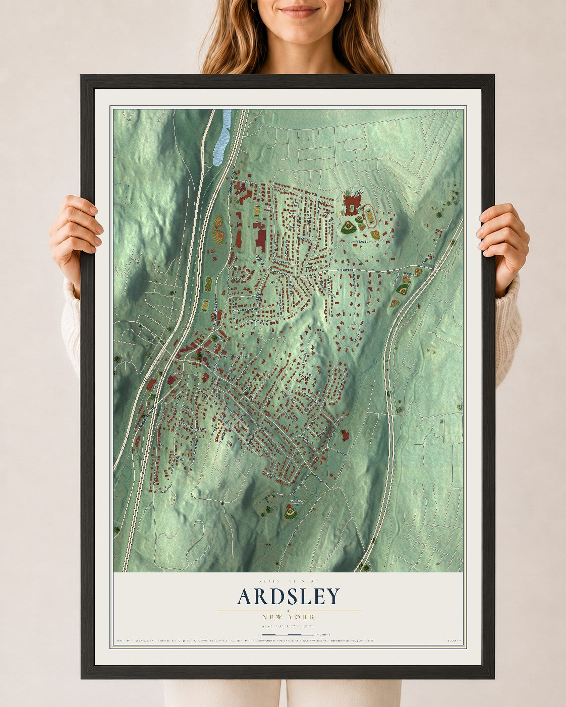Ardsley, New York map print, 24" x 36" W/ Black Ayous Wood Frame mockup