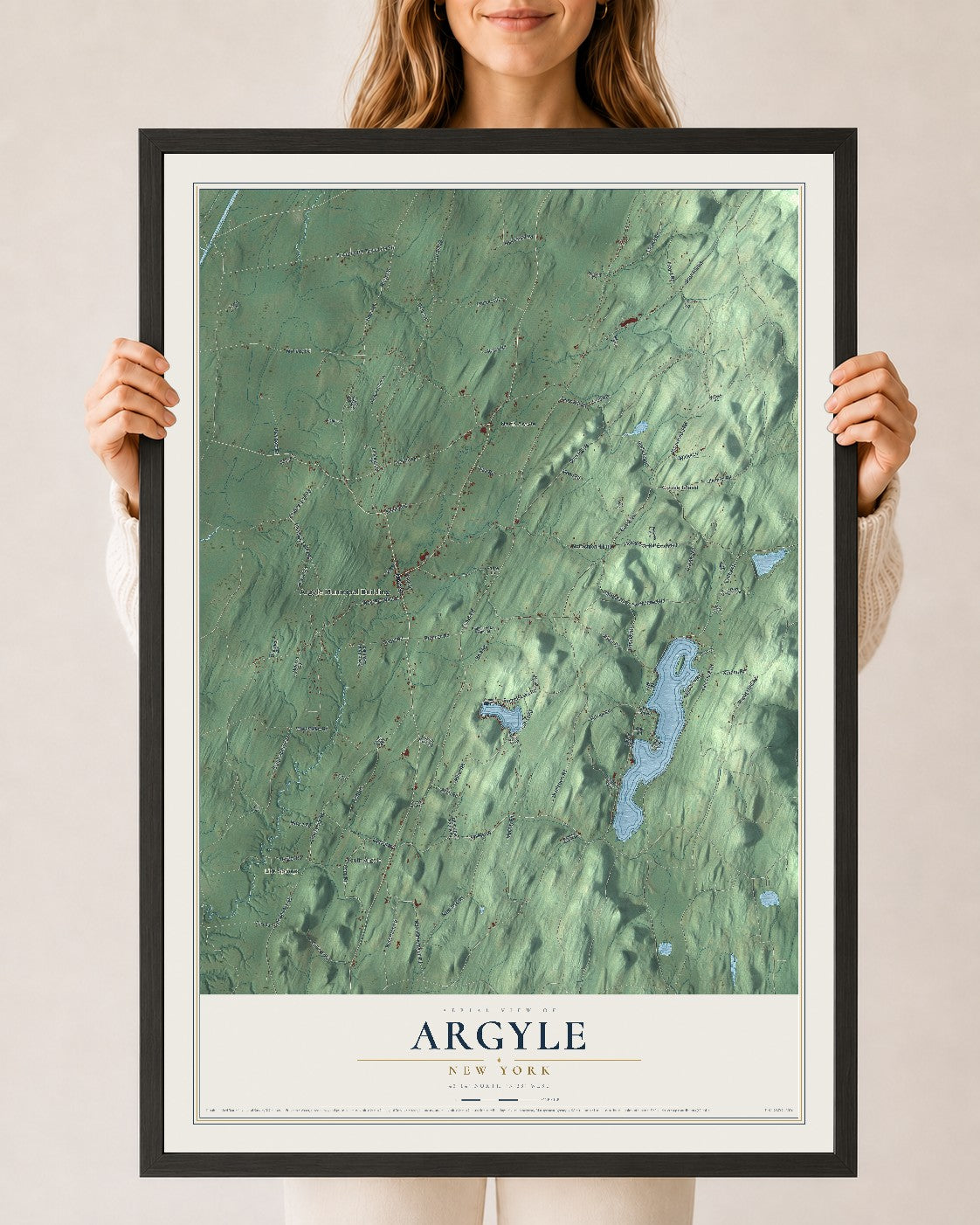 Argyle, New York map print, 24" x 36" W/ Black Ayous Wood Frame mockup