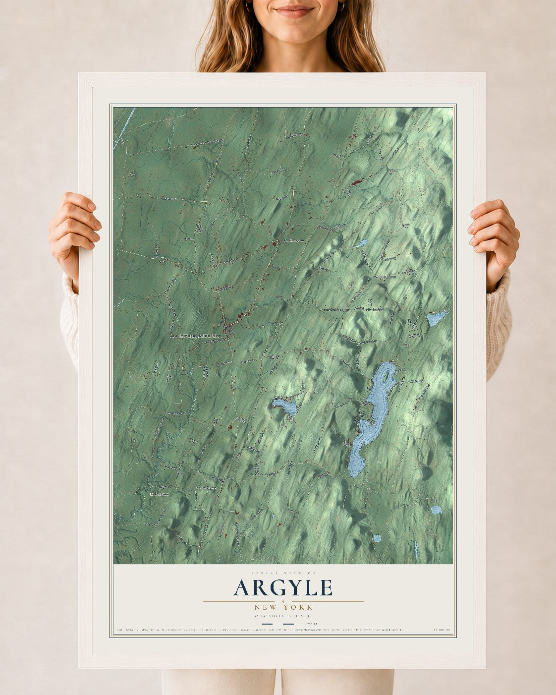 Argyle, New York map print, 24" x 36" W/ White Ayous Wood Frame mockup