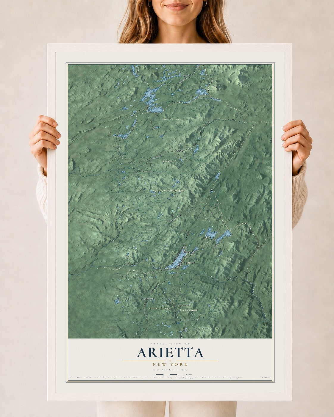 Arietta, New York map print, 24" x 36" W/ White Ayous Wood Frame mockup