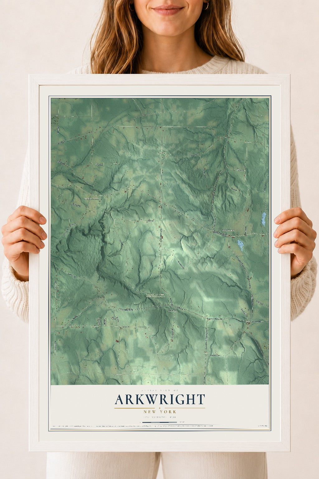 Arkwright, New York map print, 18" x 24" W/ White Ayous Wood Frame mockup