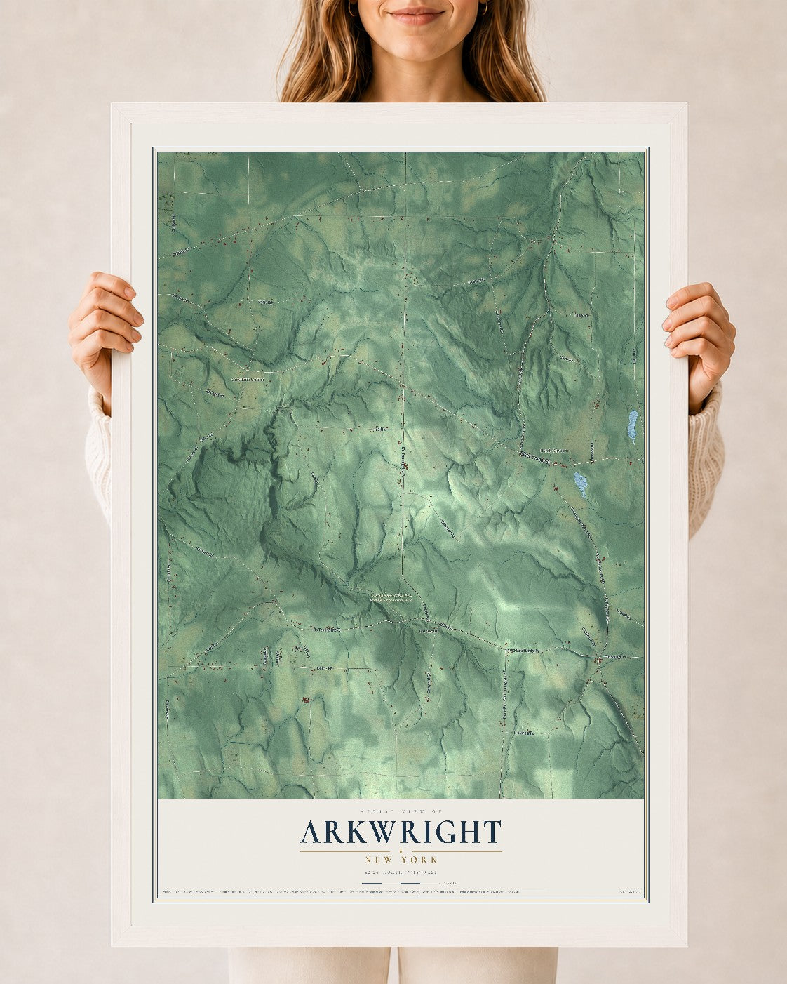 Arkwright, New York map print, 24" x 36" W/ White Ayous Wood Frame mockup